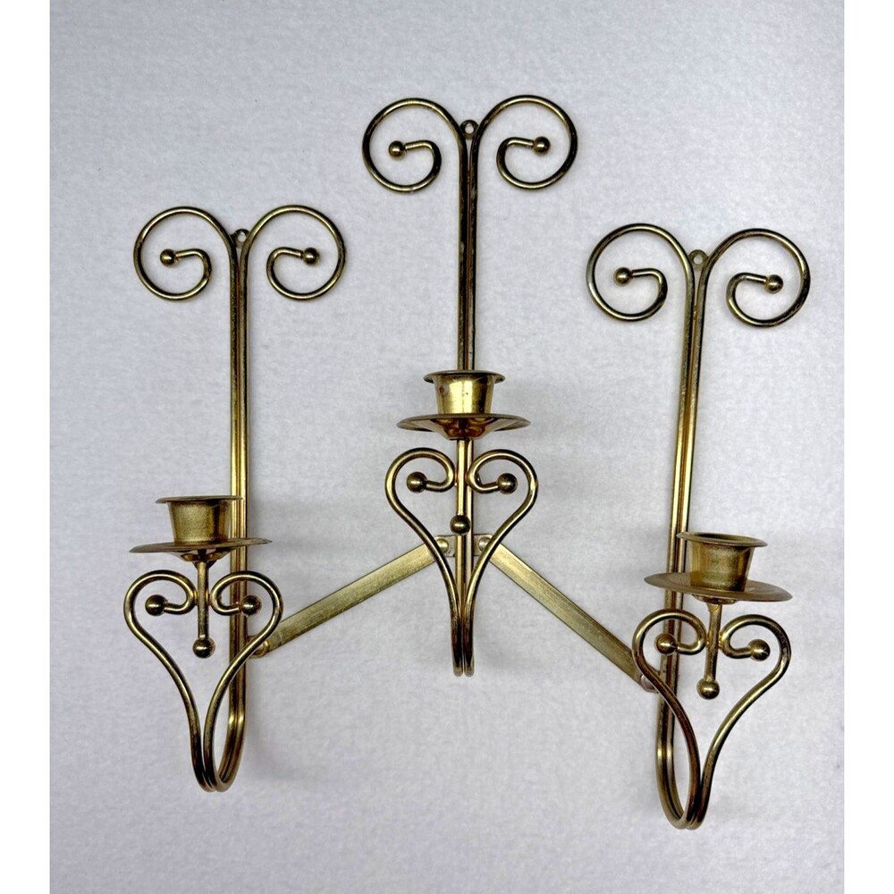 Home Interiors Brass Tone Triple Wall Candle Sconce 3 Arm Scroll 14" Vintage - Picture 4 of 10